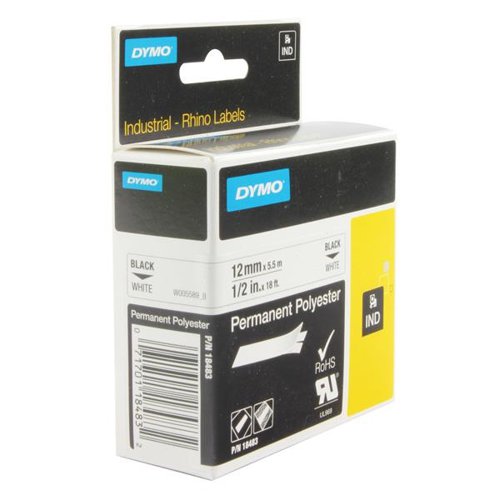 For permanent adhesion under extreme conditions, this 12mm Rhino polyester tape from Dymo is extra strong, being resistant to solvents, oil and chemicals due to its robust polyester construction. The extra strong adhesive provides secure attachment to metal plates, racks or cabinets. Suitable for use as warning labels and personalisation of electrical or facility equipment, this white tape comes supplied on a 5.5 metre roll.