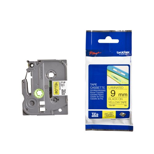 Brother P-Touch TZe Laminated Tape Cassette 9mm x 8m Black on Yellow Tape TZE621 - BA8082