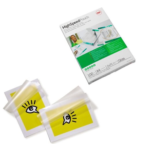 Laminating pouches are a convenient, everyday solution to protect and enhance valuable presentation pages, reference lists, product sheets, notices, photographs and certificates. Suitable for use with any A3 size Laminator, A4 HighSpeed Laminating Pouches feed in along the long edge for fast, accurate loading and up to 30% quicker laminating time.150 Micron. A4 format. Pack size 100.