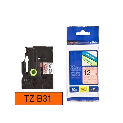 Brother P-Touch TZe Laminated Tape Cassette 12mm x 8m Black on Fluroscent Orange Tape TZEB31 BA69162 Buy online at Office 5Star or contact us Tel 01594 810081 for assistance