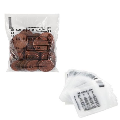 Ideal for retail, hospitality and other cash handling organisation, these standard coin bags are pre-printed with the amount per denomination required for banking coins: 20 in 2 or 1 pound coins, 10 in 50p or 20p, 5 in 10p or 5p and 1 in 2p or 1p. Made from strong, clear plastic the bags can be sealed by securing the flap and are re-usable. This bulk pack contains 5,000 coin bags.