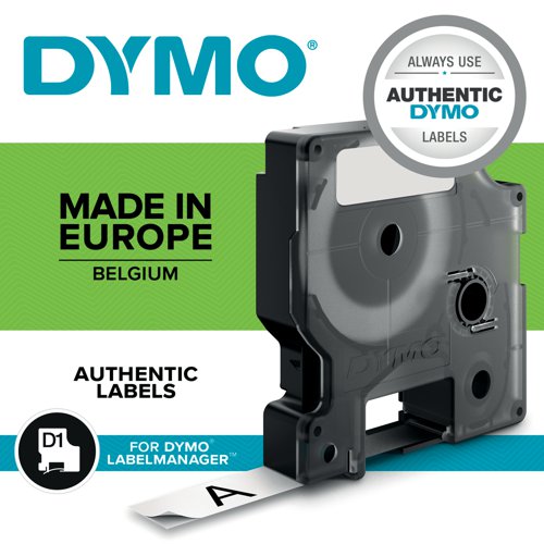 With black text on a white background, this Dymo D1 labelling tape is ideal for a range of uses. Made from strong polyester, the tape features a strong self-adhesive backing that's suitable for almost all surfaces. Slot the cassette into your label maker and get labelling your stationery, equipment, files, folders and more. This tape cartridge is compatible with Dymo LabelManager models. The tape is 12mm wide and comes supplied on 7 metre roll.