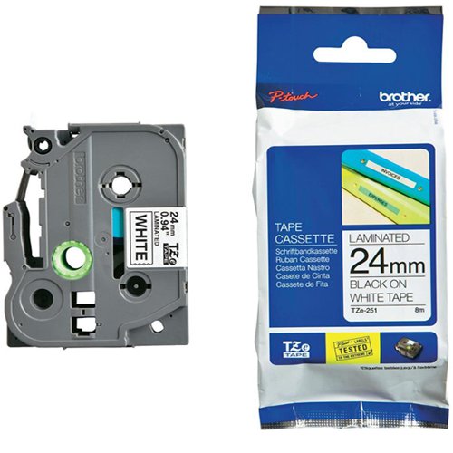 Brother P-Touch TZe Laminated Tape Cassette 24mm x 8m Black on White Tape TZE251 - BA8119