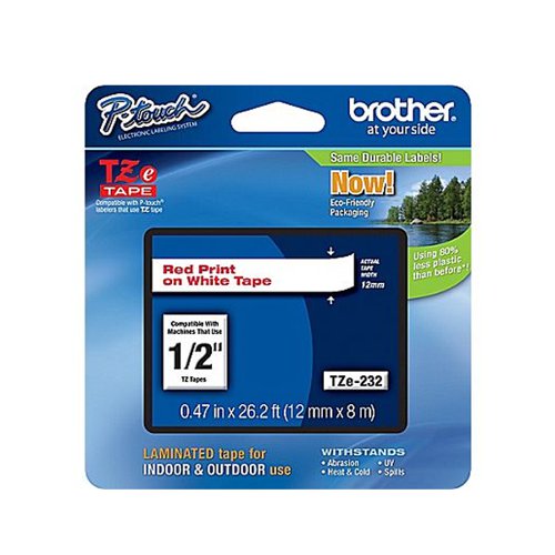 Brother P-Touch TZe Laminated Tape Cassette 12mm x 8m Red on White Tape TZE232 BA8099