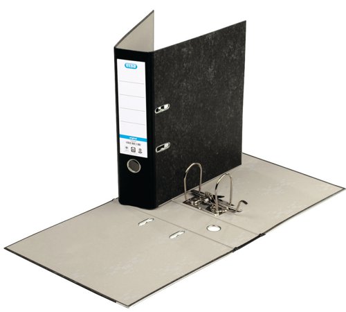 This Elba Lever Arch File, suitable for filing A4 documents. It has a 80mm filing capacity and features a thumb hole for easy retrieval from a shelf and a reinforced bottom edge for long lasting use. The lever arch file is made from durable board with a marbled black paper covering. This pack contains 10 A4 lever arch files.