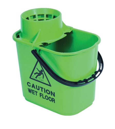 Constructed of robust polypropylene, this mop bucket is strong enough for frequent use when mopping and cleaning. It features a plastic sieve-style wringer for wrenching used water out of your mop, with a channel to carry excess water away to prevent drips. On the side of the bucket, a clear anti-slip warning sign is printed. This pack contains one 15 litre mop bucket with wringer in green, for colour coordinated cleaning.