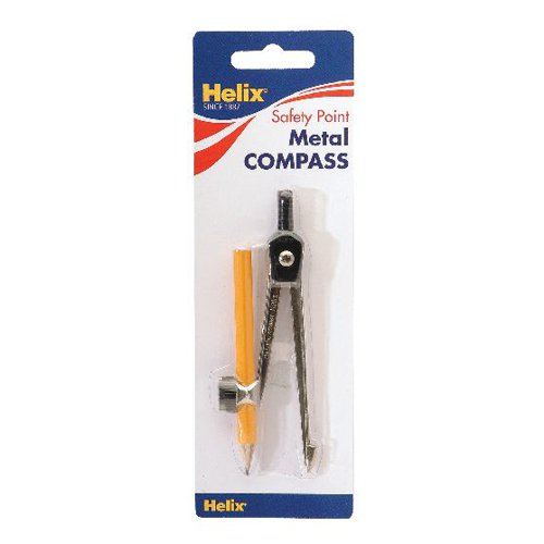 HX07057 | Since the time of Euclid, compasses have been used to accurately draw circles and arcs in the practice of geometry, and now this Helix Metal Compass provides a simple way to teach the basics of technical drawing, drafting and geometry in the classroom. Ideal for young students, it comes with a tapered metal point that's less likely to cause injury while still providing a stable pivot point for drawing circles. A screwing cam locks the provided pencil securely in place for accurate drafting. This pack includes 10 metal compasses.