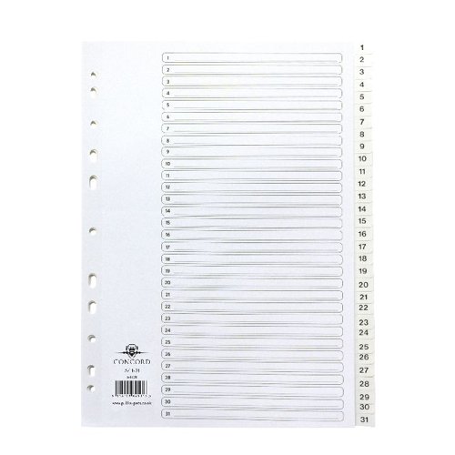 With pre-printed tabs numbered 1-31, Concord 31-Part 1-31 White Polypropylene Indexes are the practical and hard wearing choice for your ring binders and lever arch files. Made of high quality polypropylene, these indexes are tear resistant and can be wiped clean for long-lasting use. Euro punched with 11 holes and including a reinforced contents page with numbered entries, these indexes fit to a variety of A4 filing mechanisms and are ideal for organising your documents by date in monthly files.