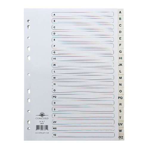 Pre-printed with an alphabetical A-Z system, Concord 20-Part A-Z White Polypropylene Indexes are the practical and hard wearing choice for your ring binders and lever arch files. Made of high quality polypropylene, these indexes are tear resistant and can be wiped clean for long-lasting use. Euro punched with 11 holes and including a reinforced contents page with numbered entries, these indexes fit to a variety of A4 filing mechanisms and are ideal for organising your documents alphabetically for easy access.