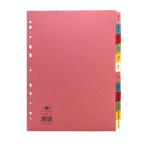 Ideal for students and busy professionals, this pack of 10 Concord A4 12-part January-December manilla Indexes helps to organise and catalogue your documents into a functional order. Using pre-printed indexes on multicoloured tabs, these dividers offer a professional looking way to organise your notes, paperwork, projects and records by month. Euro punched to fit into standard lever arch files and ring binders, these dividers work to enhance your current filing system by offering a monthly structure to your organisation throughout the year.