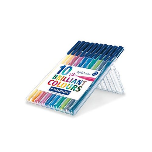 This Staedtler Triplus Fibre Tip Pen features a sturdy, pressure-resistant tip and ergonomic triangular shaped barrel for comfort, even during extended use. The pen contains vibrant, water based ink, which washes easily out of most fabrics and a ventilated cap for safety. This medium pen writes a 1.0mm line width for writing, drawing and colouring. This pack contains 10 pens in assorted, bright colours.