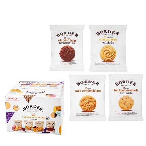 Containing a selection of delicious twin packs of biscuits, these Border biscuits are ideal for sharing at work, or as a complimentary treat in reception areas and hotel rooms. Each box contains Viennese Whirls, Butterscotch Crunch, Chocolate Chip Brownies and Oat Crumbles in 48 handy twin packs.