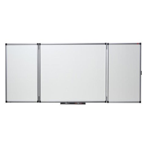 The Nobo Steel Folding Confidential Whiteboard has 2 hinges and creates 5 dry erase writing surfaces. The painted steel whiteboard surface delivers a good level of erasability for moderate use. The case is lockable using Allen Keys only. There is no facility to use a key or combination lock, in the current design. The two outer panels fold into place over the central panel, hiding (if necessary) the content on the central panels and inside faces of the outer panels. The whiteboard measures 1200x900mm when closed.