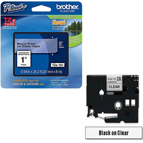 Brother P-Touch TZe Laminated Tape Cassette 24mm x 8m Black on Clear Tape TZE151