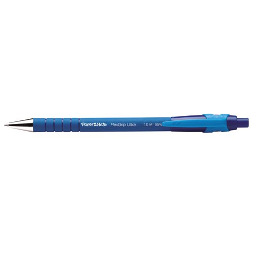 This pack of 12 PaperMate FlexGrip Pens with blue ink provide a stylish and comfortable choice for business, school and home. With Lubriglide ink and a medium 1mm tip, they ensure smooth and bold lines whether drawing or writing. FlexGrip pens feature a rubberised barrel along the entire length for exceptional all-round grip and comfort throughout the day. The retractable mechanism protects the pen from damage when not in use and can be extended with the click of a button.