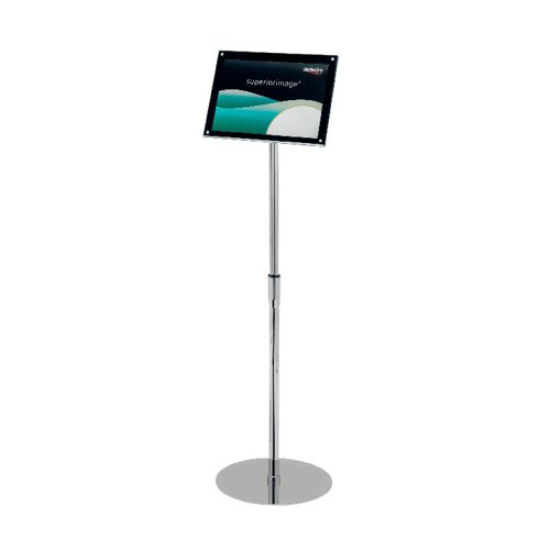 Slip your sign in the sleek Deflecto Bevelled Floor Sign Holder and the black background will help draw attention to your message, orientated either in portrait or in landscape. The angle of the holder can be adjusted, and you can change the height of the pole too. The sturdy base ensures your sign will stay secure.