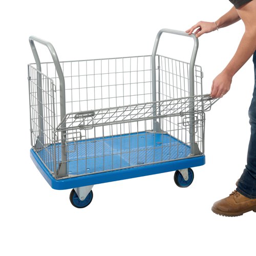 With a polypropylene base capable of a total weight capacity of 300kg, as well as useful half drop mesh sides, this platform truck will make loading and unloading easier than ever before. Running smoothly on 4 steel housed rubber castors, and with a protective buffering strip on the outer edges, this trolley is a great transport solution for your workplace.