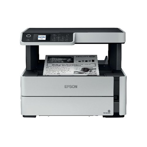 The Epson EcoTank ET-M2170 Multifunction Mono InkJet Printer is designed to be durable, fast and energy efficient. It features a large refillable ink tank instead of toner for enough ink to print thousands of pages. It is designed to save up to 95% in power consumption compared to mono laser printers. Includes Wi-Fi connectivity and double-sided printing.
