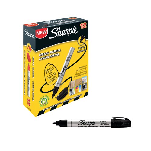These durable Sharpie Pro Permanent Markers have a robust metal barrel and blocked tip designed for heavy duty use. The ink is fade resistant for long lasting clarity on a variety of surfaces. The bullet tip will produce a 1.0mm line width for bold writing and marking. This pack contains 12 black markers.