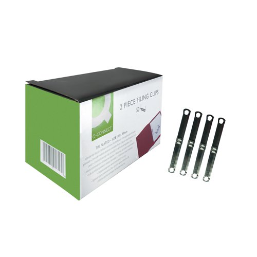 KF26083 | These Q-Connect 2 Piece Filing Clips are perfect for the organisation of your punched files and folders. Simple to use, the clips allow you to collate documents, but also enable you to easily retrieve or reorder them as necessary. The 80mm clips have a capacity of up to 50mm and are suitable for use with punched files and folders. This pack contains 50 clips.