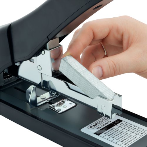 This Rapesco ECO HD-140 Heavy Duty Stapler takes the effort out of stapling up to 140 sheets of 80gsm paper. Part of the Rapesco ECO range, this powerful stapler is manufactured from a high level of recycled plastic. The full strip stapler features simple press button front-loading, with a soft feel handle for comfort. The stapler has an adjustable paper guide and non-slip feet for stability. The HD-140 comes with a pack of 1000 923/12mm staples for immediate use. This black stapler has a 25 year guarantee.