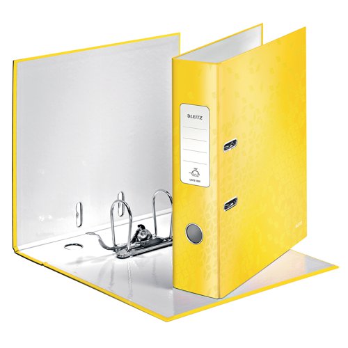 This bright, stylish Leitz WOW lever arch file features a unique, patented filing mechanism that opens 180 degrees for ease of use. The file has an 80mm capacity for up to 600 sheets of 80gsm paper. The file also features a metal thumb hole for easy retrieval from a shelf and a large spine label for quick identification of contents. Suitable for A4 filing, the file is made from glossy, laminated paper over board. Ideal for colour coordinated filing, this pack contains 10 yellow lever arch files. Buy any 3 WOW products and claim a free Leitz Cosy Footrest.