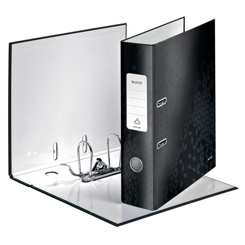 This bright, stylish Leitz WOW lever arch file features a unique, patented filing mechanism that opens 180 degrees for ease of use. The file has an 80mm capacity for up to 600 sheets of 80gsm paper. The file also features a metal thumb hole for easy retrieval from a shelf and a large spine label for quick identification of contents. Suitable for A4 filing, the file is made from glossy, laminated paper over board. Ideal for colour coordinated filing, this pack contains 10 black lever arch files. Buy any 3 WOW products and claim a free Leitz Cosy Footrest.