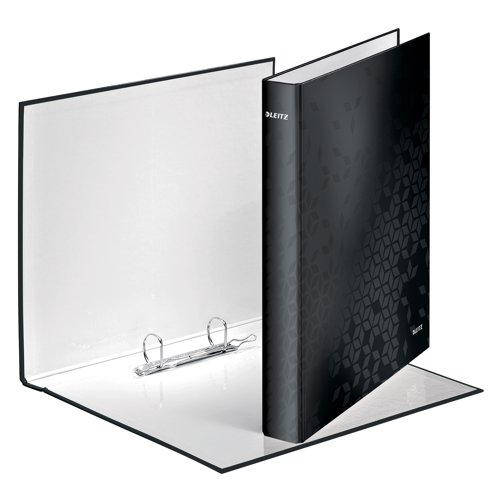 Part of the vibrant WOW range, this Leitz ring binder is made from durable board, covered in bright, glossy paper. The binder features a standard 2 D-ring mechanism with a 25mm capacity for filing up to 230 sheets of A4 80gsm paper. The A4 plus size helps keeps contents protected, with each binder measuring W40 x D275 x H318mm. Ideal for colour coordinated filing, this pack contains 10 black ring binders.