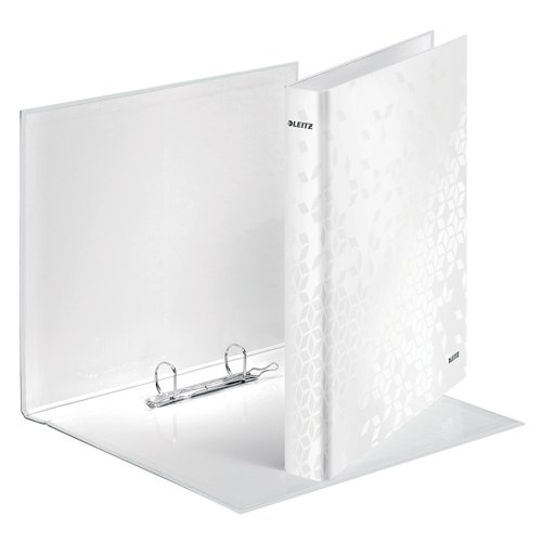 Part of the vibrant WOW range, this Leitz ring binder is made from durable board, covered in bright, glossy paper. The binder features a standard 2 D-ring mechanism with a 25mm capacity for filing up to 230 sheets of A4 80gsm paper. The A4 plus size helps keeps contents protected, with each binder measuring W40 x D275 x H318mm. Ideal for colour coordinated filing, this pack contains 10 white ring binders.