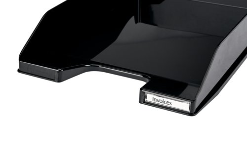 CE06112 | This Contour Ergonomics Letter Tray features a stylish curved design with a high gloss finish. Ideal for desktop storage and organisation of A4 letters, files and documents, the letter tray also comes complete with a label holder and insert for easy identification. This pack contains 1 glossy black letter tray.