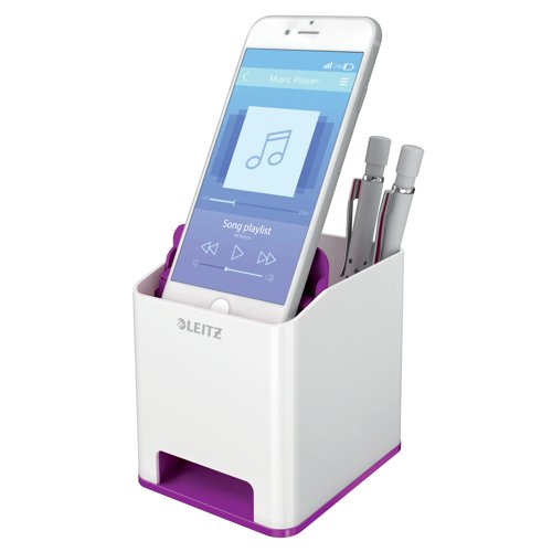 Keep pens, pencils, and other stationery tidy with this innovative pen holder that features an extra compartment for smartphones up to iPhone 6 Plus in size. This compartment has a sound booster function, which increases the volume of your phone whilst keeping your smartphone screen completely visible when placed inside. This pen holder also features a stylish metallic dual colour scheme with high gloss finish. This white/purple pen holder measures W90 x D101 x H100mm.