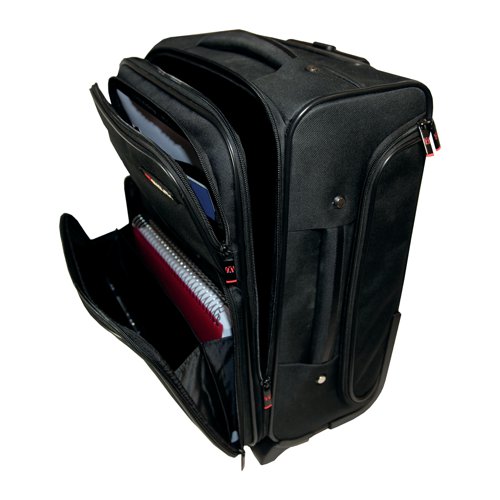 Made from strong nylon, this overnight case features one large internal compartment for clothes and other essentials, plus external zipped pockets for easy access to other items. Featuring a handy removable laptop case, padded for protection from bumps and knocks, this case has two inset wheels and a retractable handle making it highly mobile for smooth rolling.