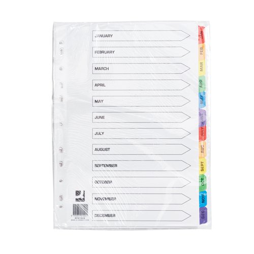 This Q-Connect January-December index divider provides a clear and simple filing solution for your everyday office needs. The front index sheet provides space for labelling to make referencing your notes quick and easy. Made from plain white card with multi-coloured Mylar tabs for extra reinforcement. This 12 part index comes with pre-printed tabs (January-December) and is multi-punched to fit standard lever arch files or ring binders.