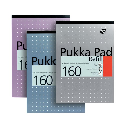 This handy Pukka refill pad contains 160 pages of quality 80gsm paper, which is feint ruled with a margin for neat note-taking. The pad is headbound with a sturdy backboard and four-hole punched for filing pages in a ring binder or lever arch file. This pack contains 6 x A4 refill pads.