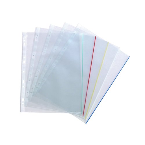 These A4 coloured edge punched pockets are great for implementing a colour coordinated filing system in the office, or at home. The 50 micron polypropylene is copysafe, anti-static and has an embossed finish to reduce glare. The pockets are top opening and feature a multi-punched strip for filing in standard ring binders and lever arch files. This pack contains 100 pockets with blue, green, red, yellow and white edges.