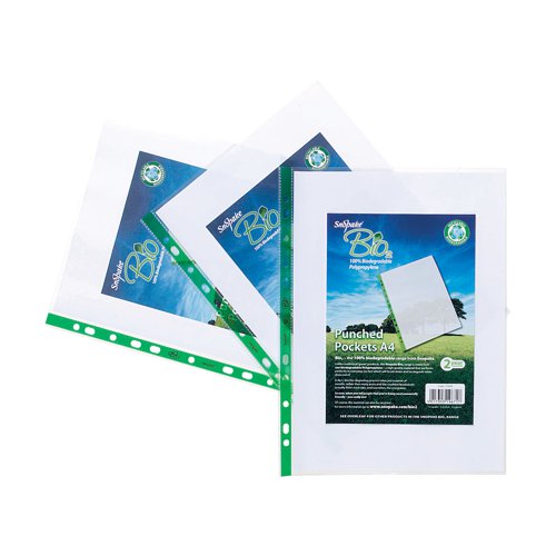 Part of the Snopake Bio range, these A4 punched pockets are made from 100% biodegradable, 60 micron polypropylene. After use, simply recycle them or send them to landfill where they degrade within months. Combine with other Bio supplies, such as the Bio Ring Binder for a 100% recyclable filing solution. This pack contains 100 clear punched pockets with a reinforced green filing strip.