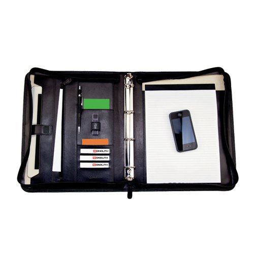 This Monolith leather zipped conference folder is great for meetings and presentations. Use with an A4 pad to make quick notes on the go, and then file those notes into the sturdy 4 ring binder. Unpunched documents, tablet, business cards and CDs/DVDs slip neatly into the internal pockets. The zipped edge closure helps keep all your documents safe and secure.