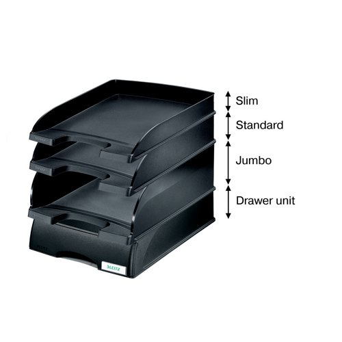 The Leitz Letter Tray includes an easy-glide drawer with a stopper to hold the tray in place. You can add your own label for ease of identification. It's designed as part of the Leitz Plus modular letter tray system, finished in the same colour-coded polystyrene plastic and compatible with the secure slide and click stacking assembly system.
