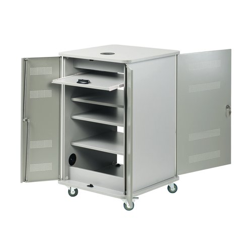 NB23619 | This Multimedia Projection Cabinet is extremely versatile, compact and secure housing a range of presentation equipment in its sturdy mobile cabinet. Its three shelves can be adjusted to suit different equipment sizes, while the projector shelf slides out for use and has a tilt angle adjuster. Easy to assemble, its steel front and rear doors lock for maximum security.