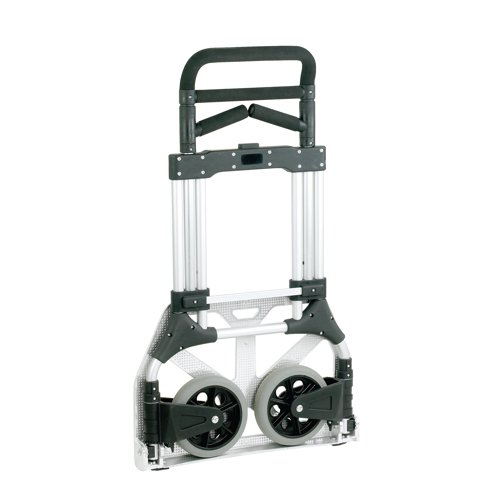 Made from strong, tubular aluminium this folding hand truck has a maximum load capacity of 200kg and strong, plastic connectors for an easy grip. Rubber tyred wheels offer great flexibility of movement without marking the floor, making them suitable for a variety of surfaces. This hand truck measures H1280 x W600mm and folds to a more compact W595 x D330 x H900mm for easy storage when not in use.