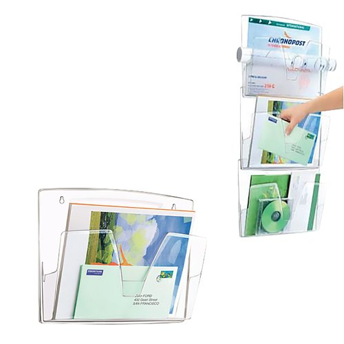 In crystal clear plastic and with cutaway fronts and sides to allow easy access to contents, these CEP wall files are both useful and stylish. Supplied with all necessary fixings, they can be individually attached to the wall or can be set up to hang from each other. 100% recyclable, the wall files accept documents up to 240x320mm in size, and the cutaway sides allow for the storage of postal tubes and larger envelopes. Supplied in a pack of 3 files.