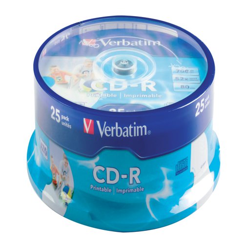 VM43439 | These CD-R discs are compatible with a wide range of devices, making them ideal for wide distribution of photos, music or other data. Because they can only be written to once and have superior resistance to deterioration, they're ideal for secure, unalterable archive storage. Each disc in this pack of 25 comes with a plastic slim case for presentation and protection.