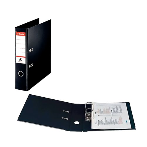 This Esselte lever arch file contains a patented No.1 filing mechanism with outstanding locking force to keep A4 documents secure. The file has a 75mm spine and can hold up to 500 sheets of 80gsm paper. The file also features durable polypropylene covers, a metal thumb hole for easy retrieval from a shelf and metal edges for long lasting use. This pack contains 10 black A4 lever arch files.