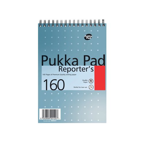 Ideal for note taking on the move, this handy Pukka Reporter's Notepad contains 160 pages of high quality 80gsm paper, which is feint ruled for neat notes. The pages are also perforated for easy removal. The Notepad is headbound with a wire binding, which allows it to lie flat for easy note-taking. Each Notepad measures 205 x 140mm and features a metallic look cover. This pack contains 3 Notepads.
