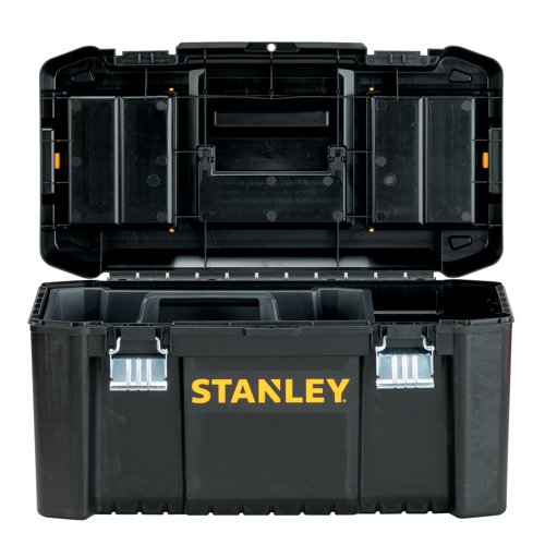 This Stanley 19 inch toolbox features an innovative design with dual top organiser sections for small parts storage. The toolbox also features ergonomic metal latches for easy opening and closure, and also comes with a handy, removable tool tray with handle for portable use. This pack contains 1 black and yellow 19 inch toolbox.