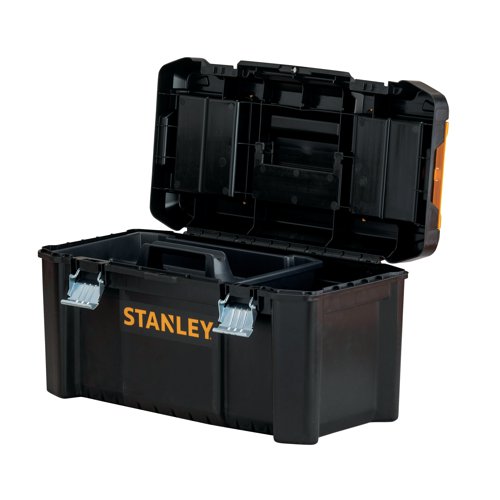 This Stanley 19 inch toolbox features an innovative design with dual top organiser sections for small parts storage. The toolbox also features ergonomic metal latches for easy opening and closure, and also comes with a handy, removable tool tray with handle for portable use. This pack contains 1 black and yellow 19 inch toolbox.