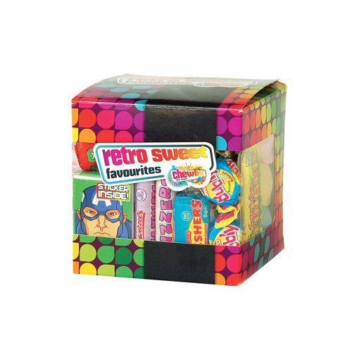 This Chewbz cube is filled with all your favourite retro sweets including Black Jacks, Drumstick lollies, Love Hearts, Double Dip, Parma Violets, Rainbow Drops, Rainbow Dust, Refreshers, Flying Saucers and more! Great as a gift, or simply to share among friends or work colleagues, this pack contains one 300g box.