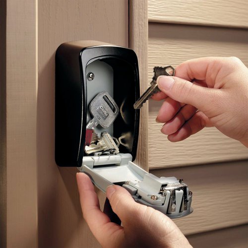 This Masterlock 4-Digit Key Storage Unit is the ideal way to share access among several people without compromising security. Inside, there is space for up to 5 house or car keys. They are securely contained behind a 4-digit combination lock, so you can limit access to as few or as many people as you like. The stoarge unit is designed to be wall-mounted, and is constructed from sturdy zinc for protection from weather. A small shutter door protects the combination dials from dirt and grime.