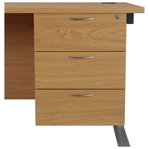 Offering a convenient and flexible place to store documents, papers and stationery, this fixed pedestal in Nova Oak fits Jemini standard desking. The pedestal features 3 box drawers and measures W400xD600xH510mm.