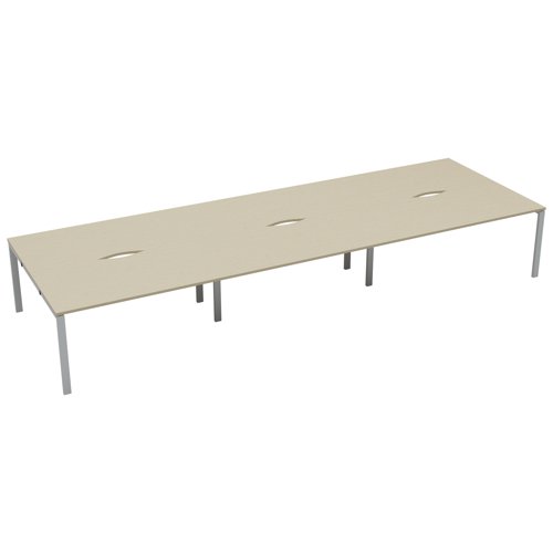 The Jemini Bench System Desking is ideal for offices where space is at a premium. Each bench desk has a tubular steel leg construction with an MFC finish floating top effect. The scalloped desktops allow for easy access to cables. Each bench desk measures 3600x1600x730mm.